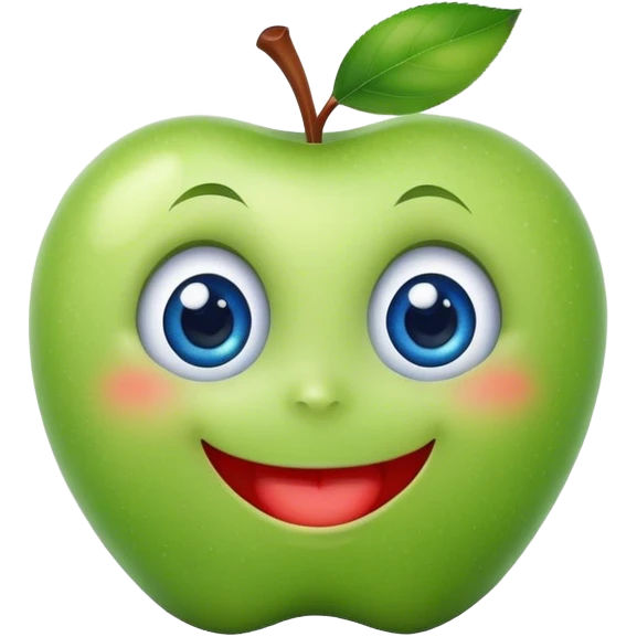 A cute green apple with a big smile and blue expressive big eyes emoji