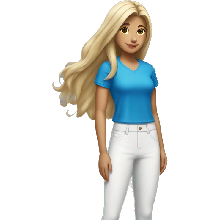 a girl with white trousers, nike tennis shoes, blue top and the girl with her hair down. emoji