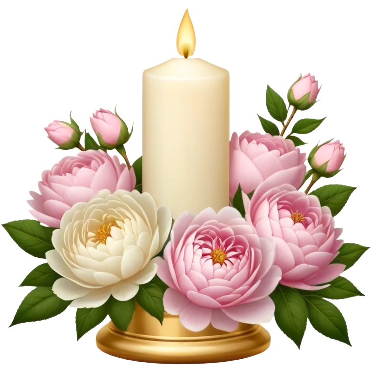 An elegant ivory candle in a golden holder, surrounded by a lush bouquet of soft pink roses, white peonies, and blush dahlias, flickering gently in the dim candlelight. emoji