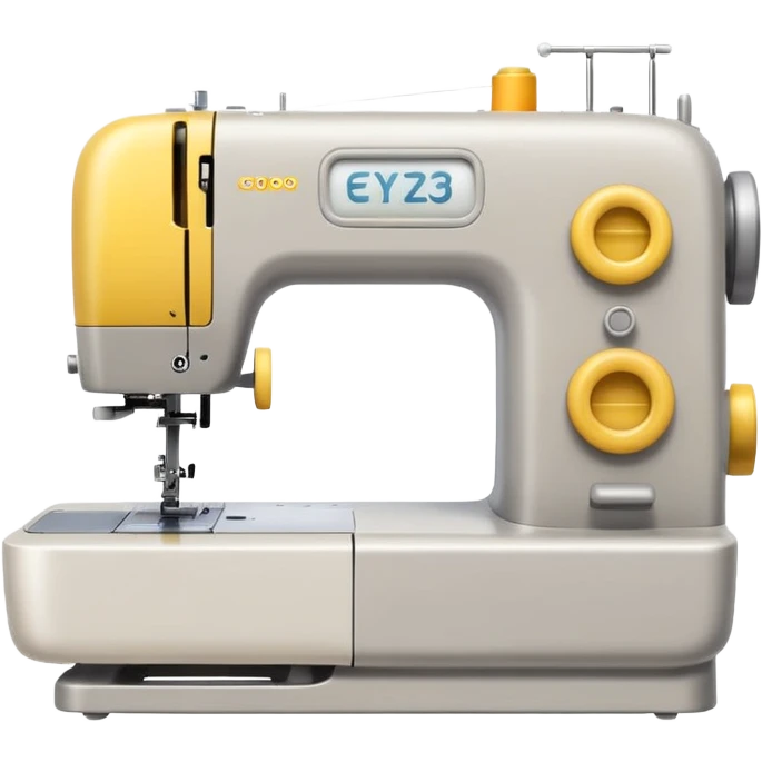 Emoji of a modern sewing machine inspired by a Brother machine. Soft, rounded shapes in the style of Apple emojis, with subtle gradients and soft shadows. White body with light gray details, a yellow spool on top emoji