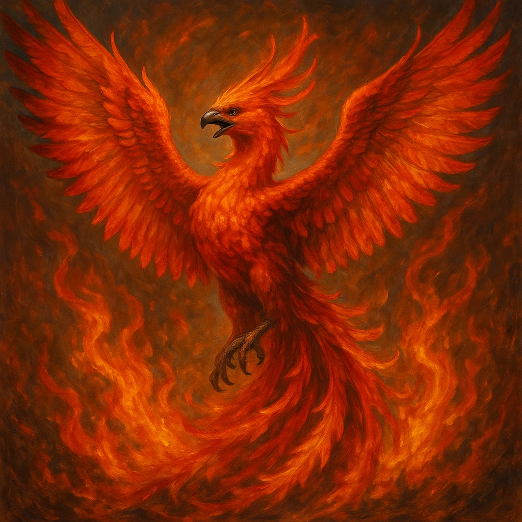 a majestic phoenix with fiery feathers, wings spread, vibrant colors, dynamic pose emoji