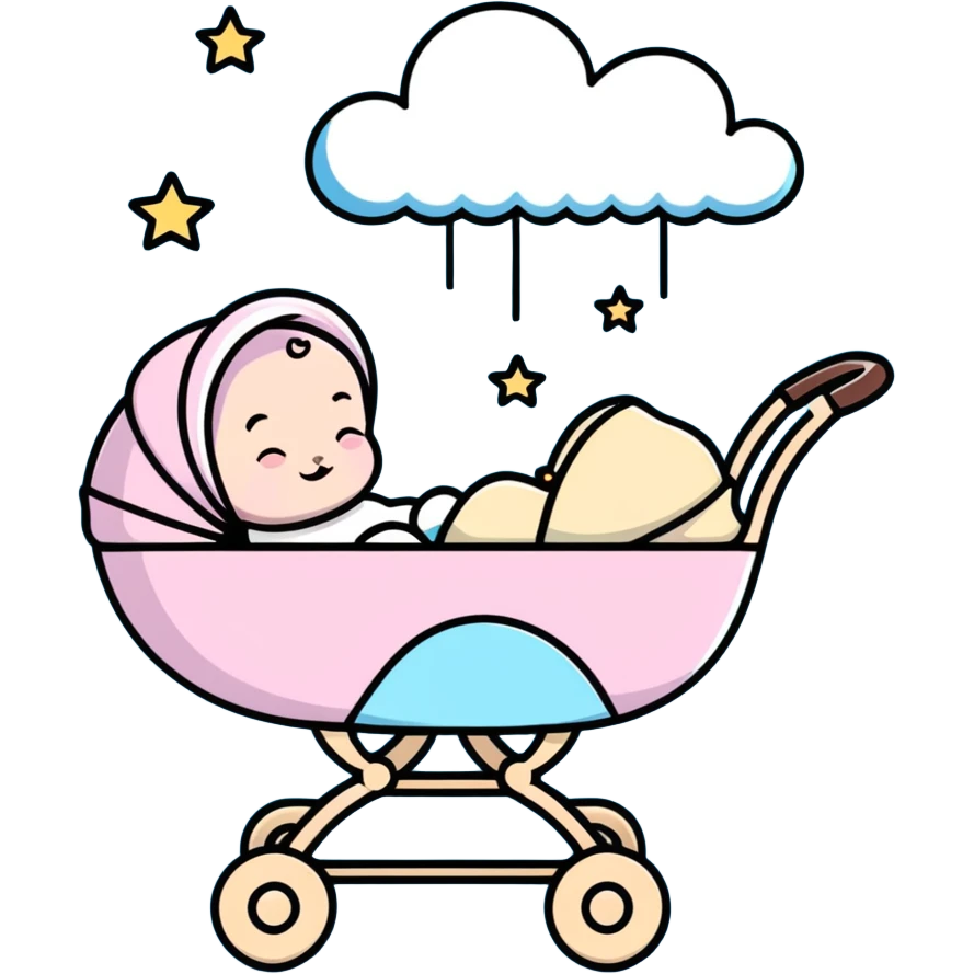 sleeping baby in pink and beige stroller with fluffy pastel blue clouds and shining stars decorating the entire scene emoji