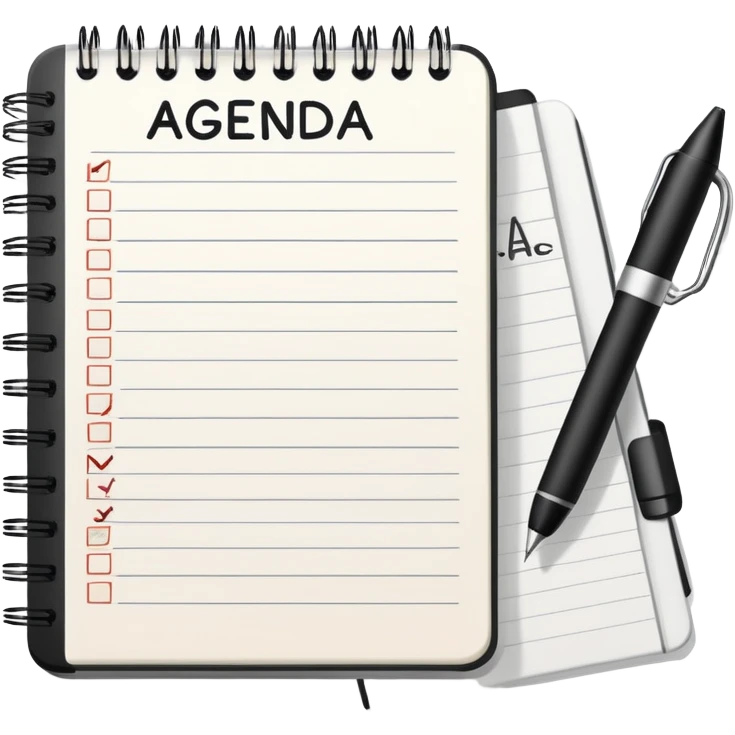 A notebook with 'AGENDA' written on top and meeting items listed below with bullet points emoji