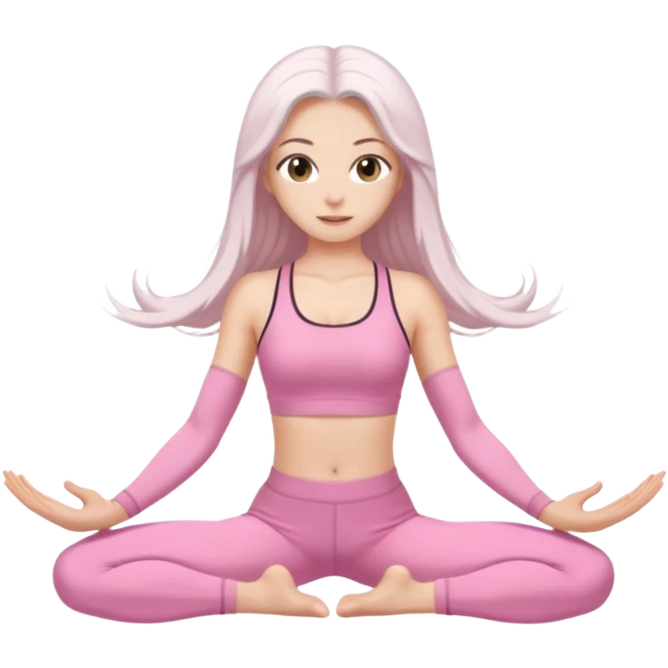 white long hair brunette girl with hazel eyes in light pink workout clothes doing the splits emoji