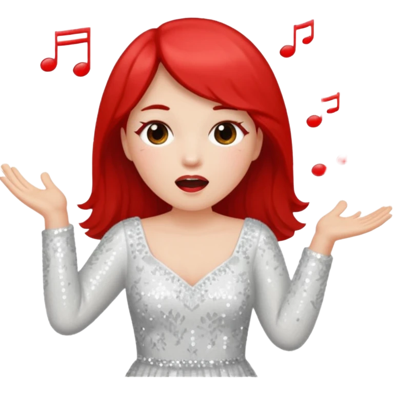 Singing with open eyes and red cheeks wearing long-sleeved sequined white dress  emoji