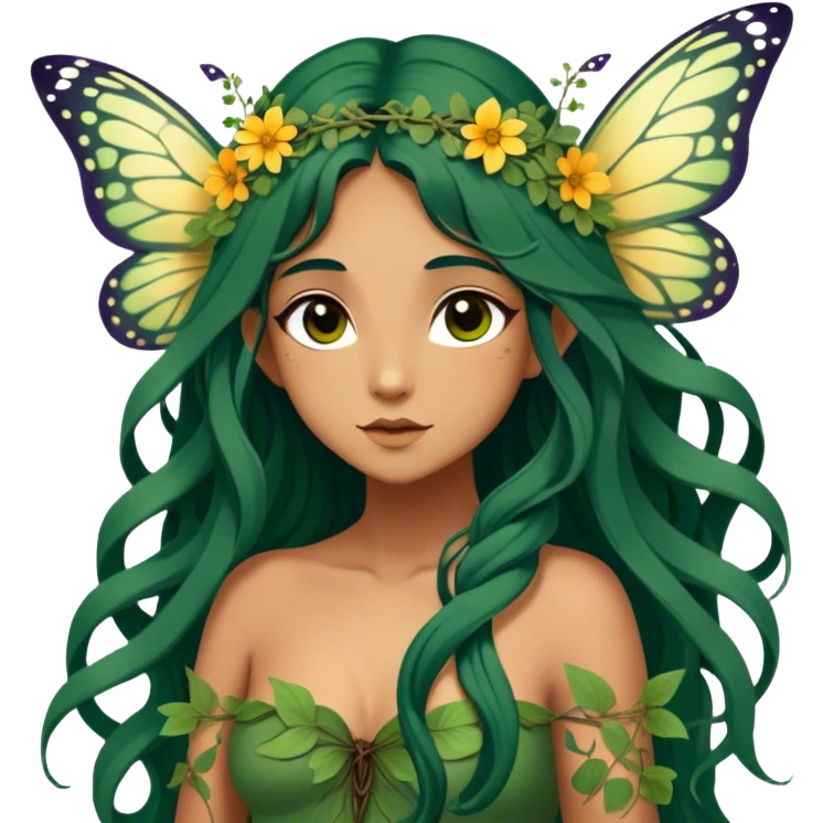 Cinematic Realistic Forest Nymph Fairy Portrait, depicted with lifelike, sun-kissed tanned skin that radiates an earthy glow, softly illuminated by natural, dappled light. Her long, flowing dark green hair is intricately detailed and interwoven with delicate vines and wildflowers, while her deep, soulful eyes mirror the wisdom of the forest. Dressed in an attire inspired by nature’s palette—with subtle botanical motifs—the portrait exudes a soft, enchanted glow that melds realism with woodland magic showing her large butterfly wings from her back. emoji