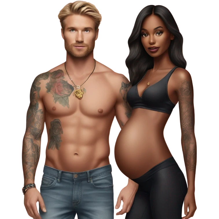 Photo of a Victoria secret model pregnant Standing next to a tattooed male model  emoji