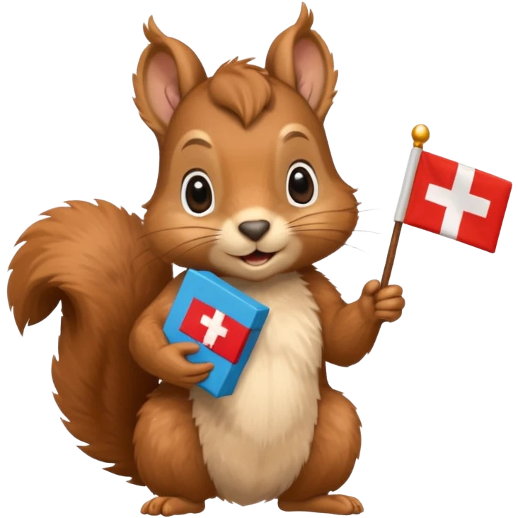 squirrel holding a gift in one hand and a Swiss flag in the other hand emoji