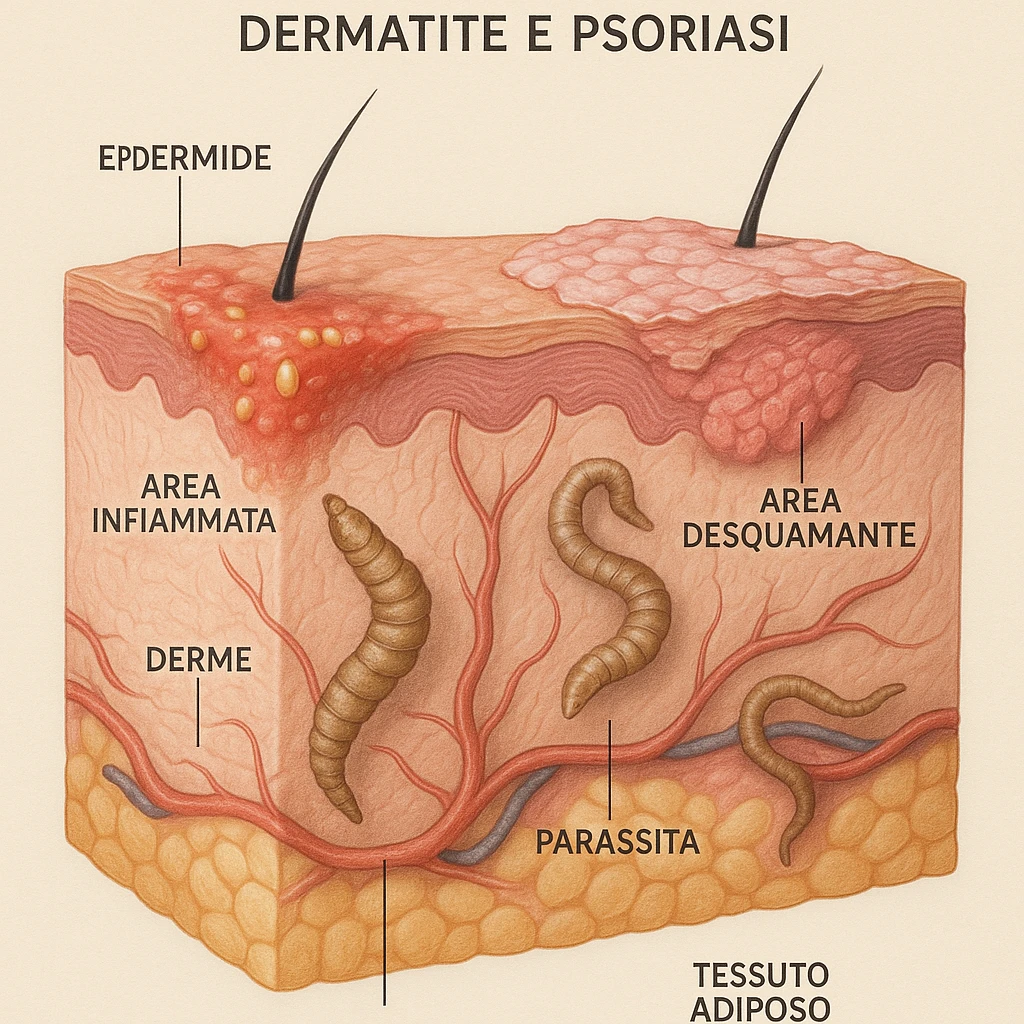 realistic medical illustration of skin cross-section showing parasites causing dermatitis and psoriasis, visible inflamed and scaly areas, educational and respectful style, Italian labels, no explicit details emoji