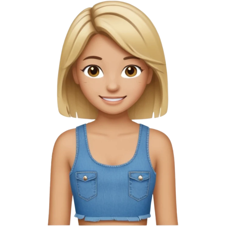 preppy teen girl, tan, blonde highlights, brown hair, long eyelashes, beach aesthetic, wearing cute clothes, sexy, wearing ripped blue jeans with a crop top emoji