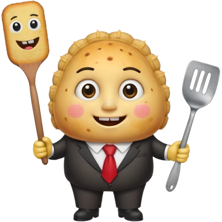 cute empanada emoji, golden brown with crimped edge, big sparkling eyes, two square teeth, blushing cheeks + freckles, red tie, holding spatula, short chubby arms and legs, thick black outline, SpongeBob + Adventure Time style, transparent background emoji