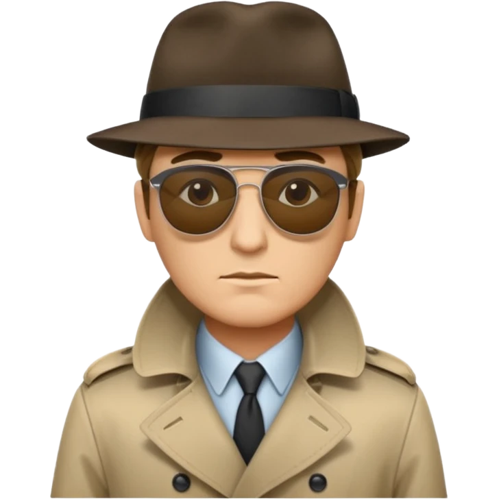 spy wearing sunglasses, a fedora and trench coat.  He is looking menacingly ahead.  emoji