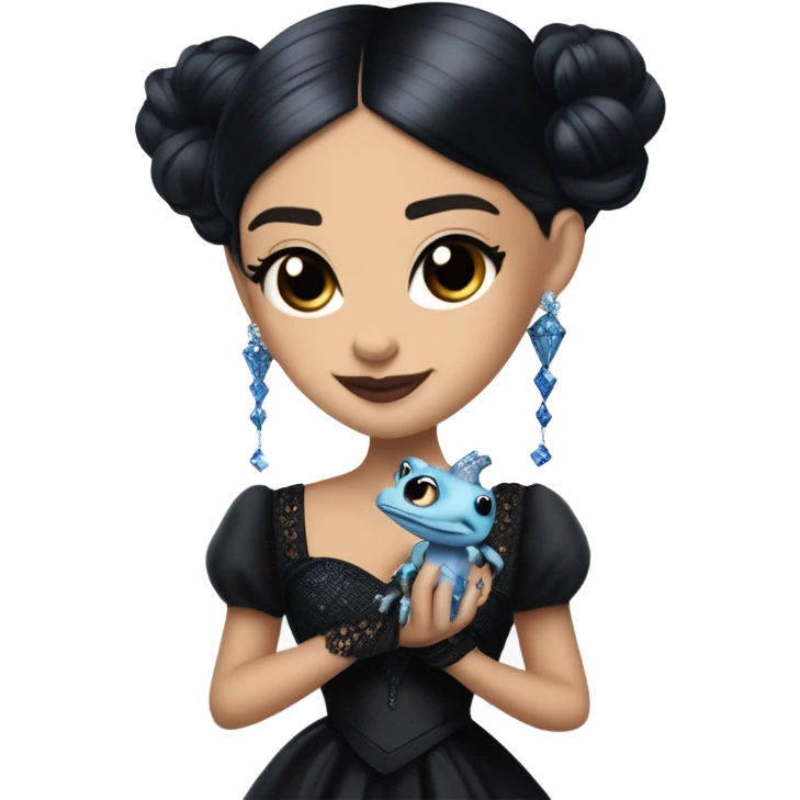 relaxed low-cut back silky black evening ball gown with lace gloves, Jenna Ortega as Wednesday Addams wearing a mini diamond tiara showing off a cute blue horned dragon ventriloquist puppet emoji