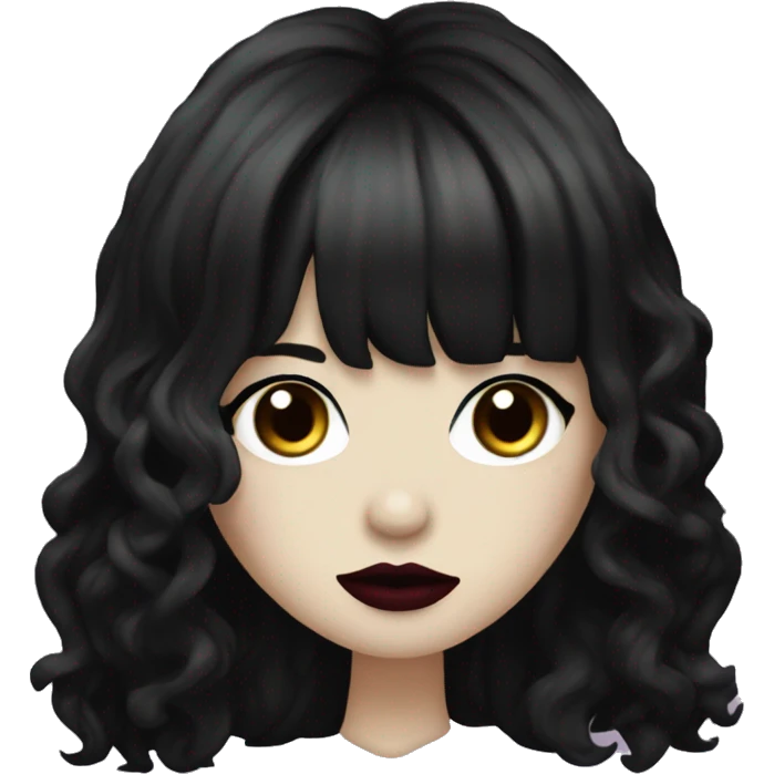 one woman long black wavy hair, curtain bangs, goth girl, white skin, burgundy lips, black eyes emoji