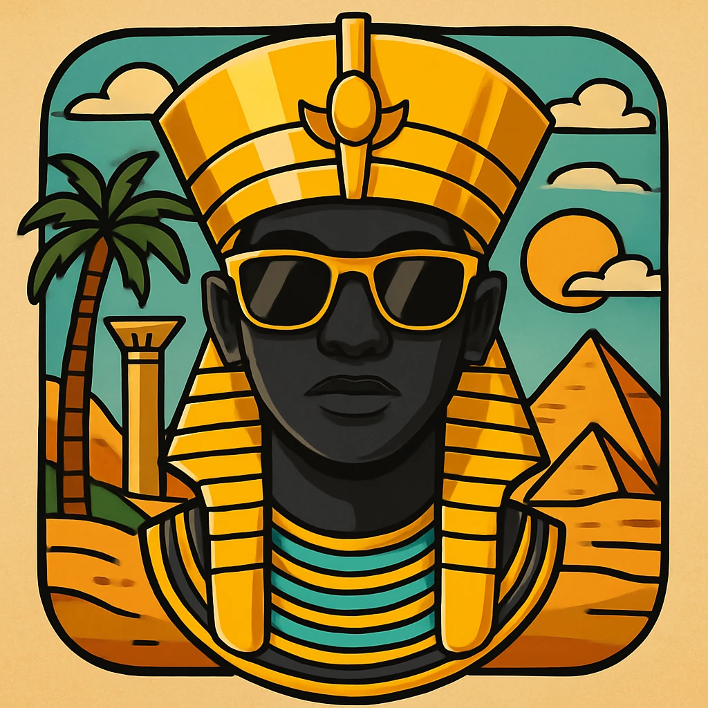 Add an Egyptian background behind the pharaoh with sunglasses and black skin, maintaining the sticker style look. emoji