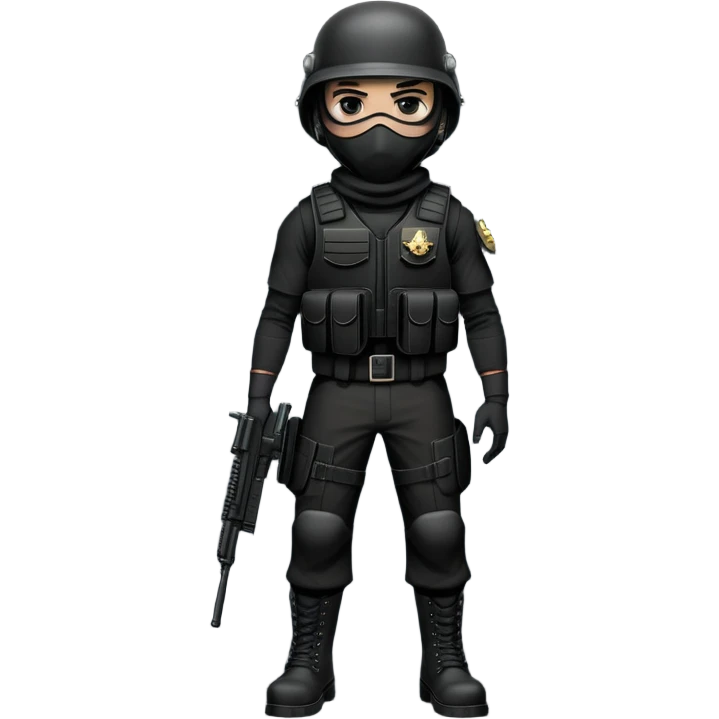 an armed dude with a shiesty mask in a bullet proof vest wearing all black with black military boots andf a black army helmet emoji