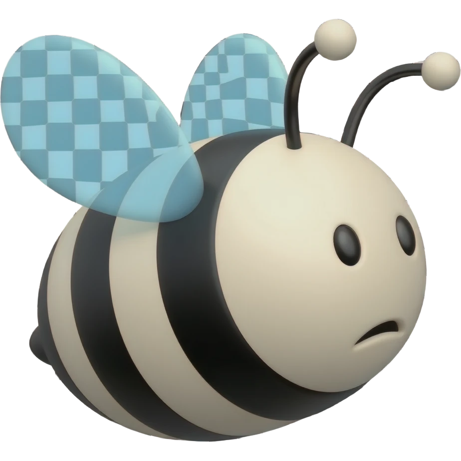 3D cartoon bee emoji, rounded chubby body, black and white stripes, blank empty stare, looking sideways with dumb expression, light blue transparent wings, black antennae with white round tips, smooth shiny surface, black background emoji