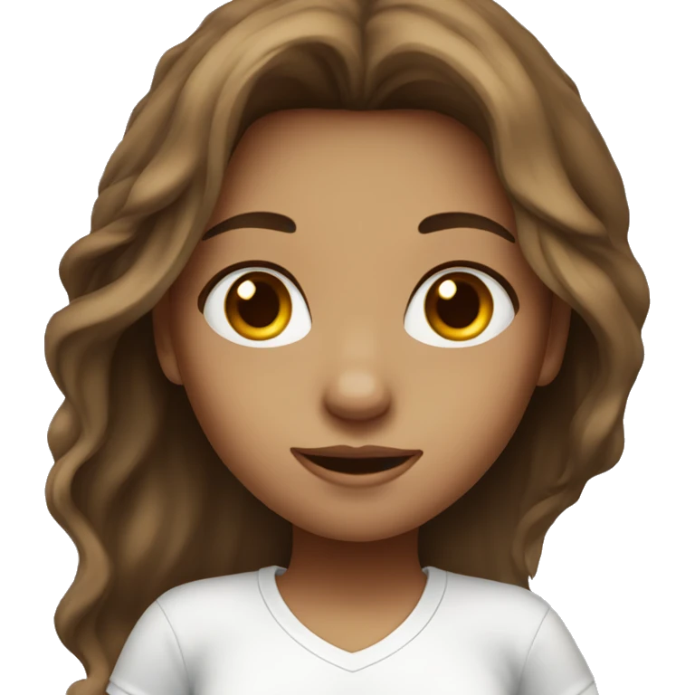 Girl with brown lonng hair, brown eyes, wearing white t shirt  emoji