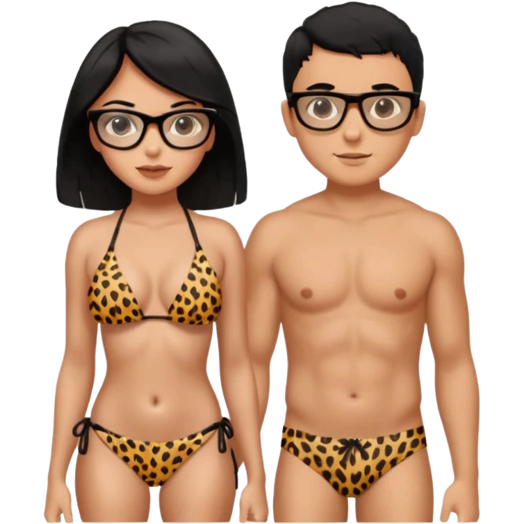 black haired girl with big boobs with shades on... wearing a cheetah print bikini standing with a boy with black hair wearing glasses and shirt less emoji