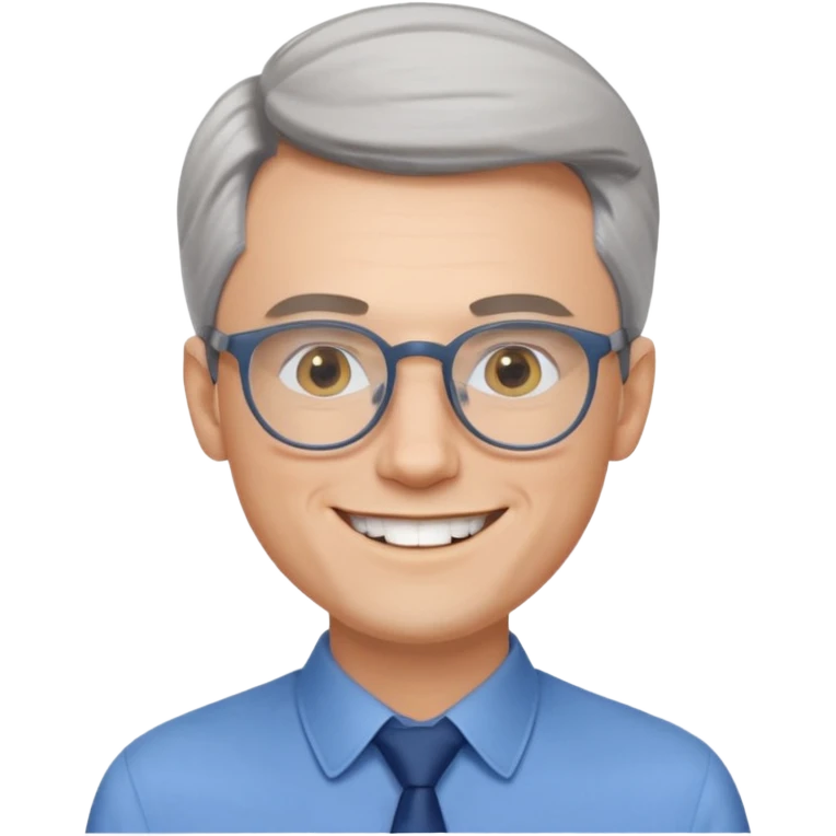 30 yr old pale white man, grey side swept hair, round glasses, big smile, white teeth, handsome, longer hair, thin glasses, blue dress shirt, no tie, stylish hair emoji
