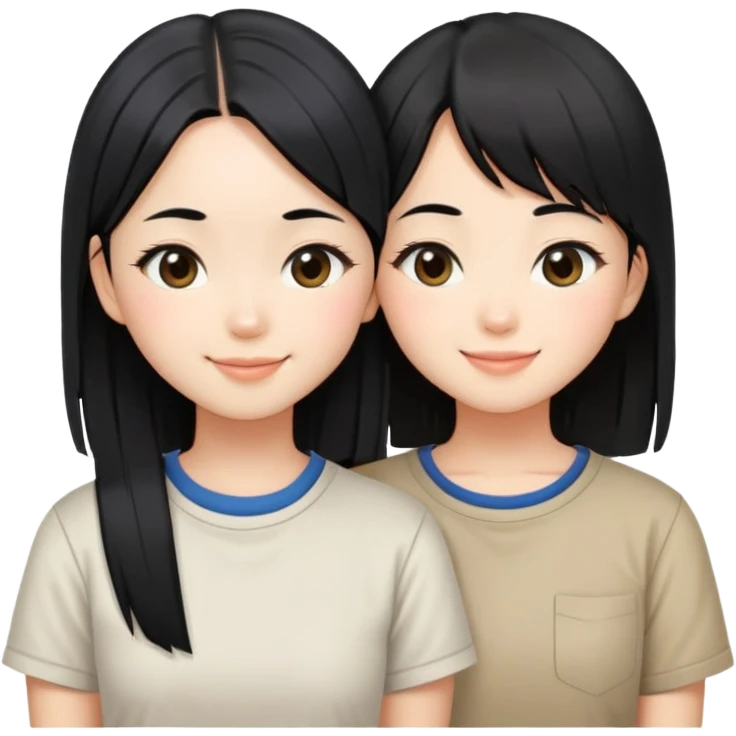 Two cute Japanese girls with straight black hair wearing modern Western clothes like t-shirts, faces pressed together cheek to cheek, smiling happily emoji