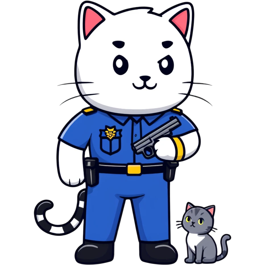 a police officer standing next to a mischievous cat holding a toy gun emoji