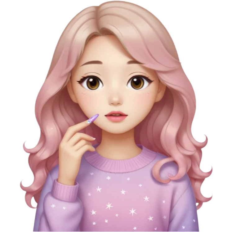 “korean Emoji girl, soft eyeliner, gradient rose lips, light brown shimmer eyeshadow, sparkly aegyo-sal, long wavy hair, cozy pastel sweater.” emoji