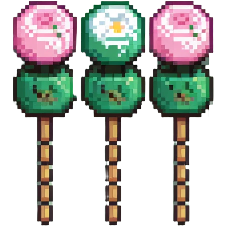 Pixel art Japanese dango skewer with three colorful rice balls in pink, white, and green colors emoji