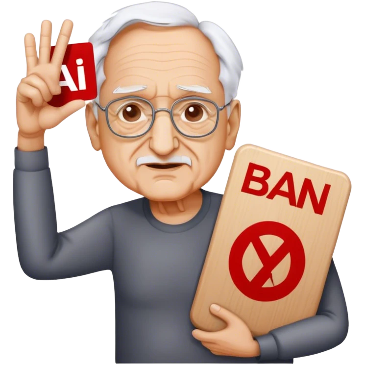 Frank Gehry with a "Ban AI" sign emoji