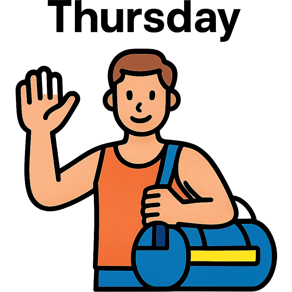 a sportsman holding his gymbag waving his hand goodbye. The word Thursday is above the sportsman emoji
