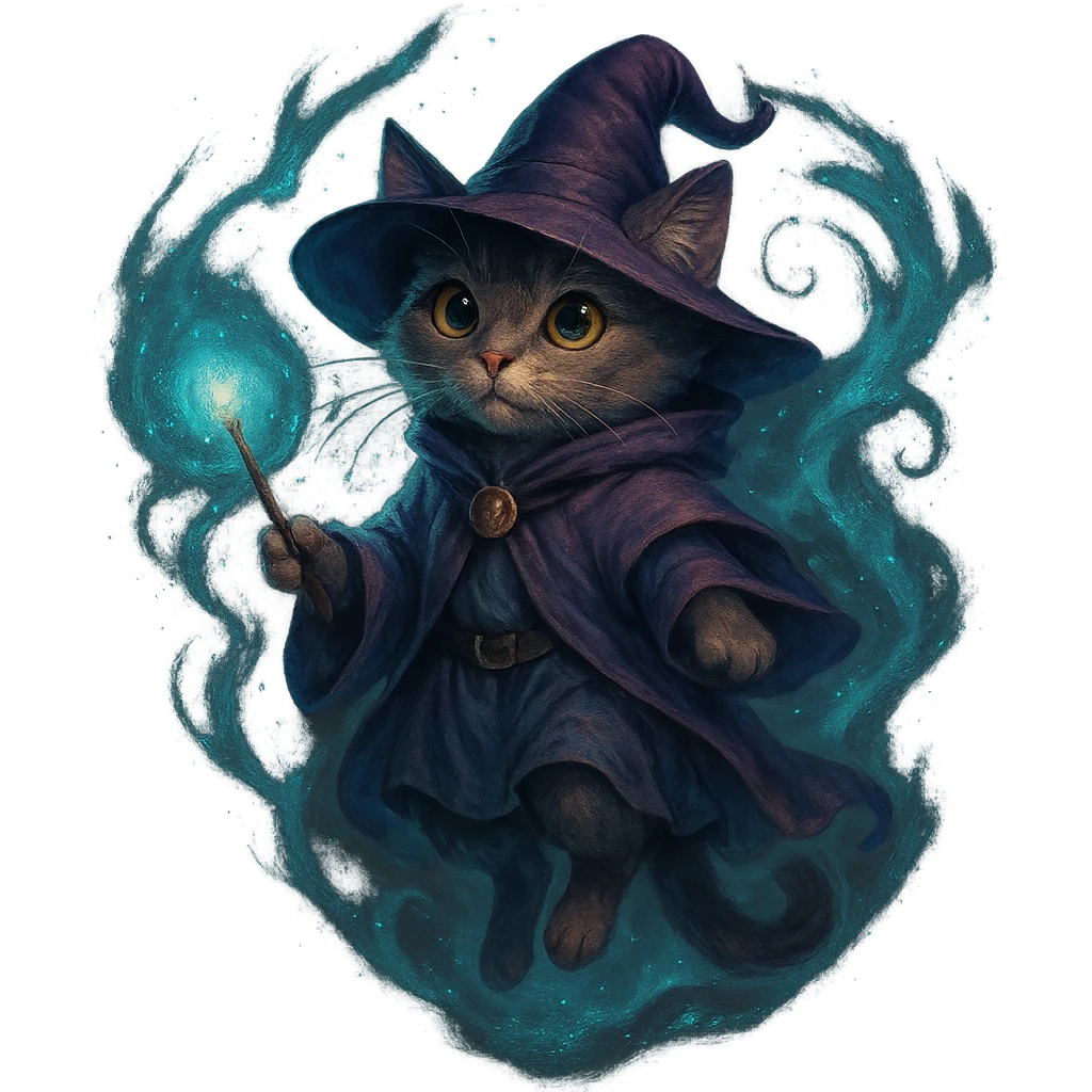 wizard cat floating with a magical aura, magical fantasy style emoji