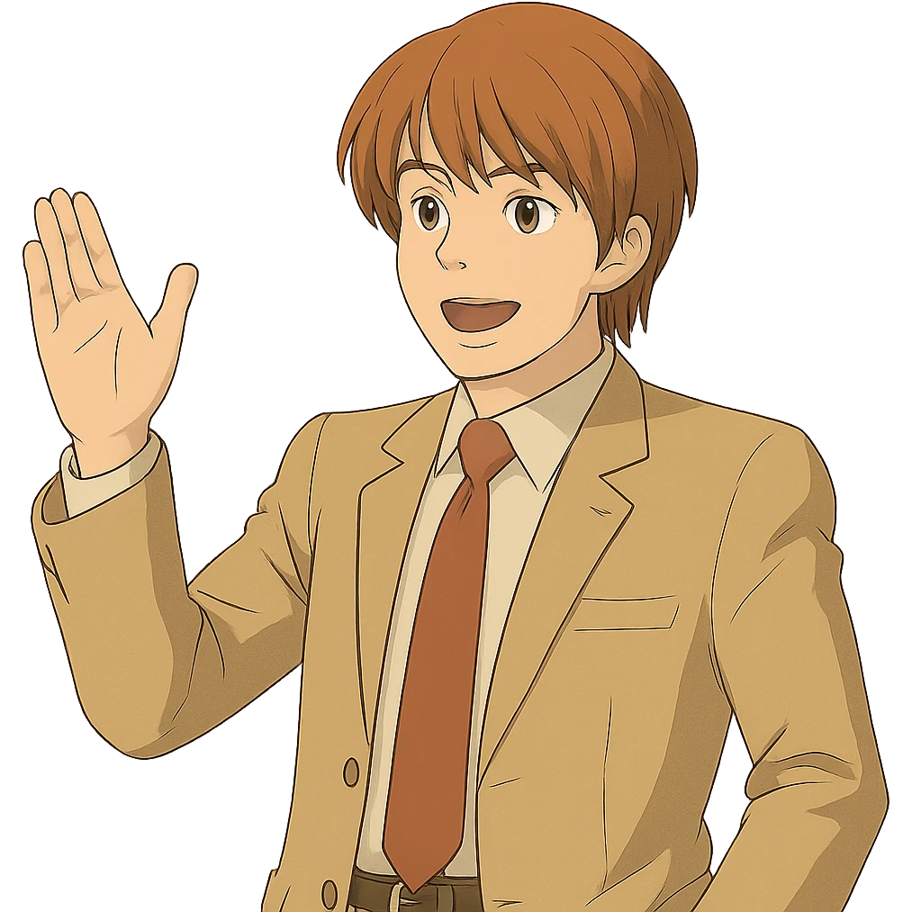 Create an exact Light Yagami in Ghibli style, standing with one hand raised as if making a point, wearing the same suit, with the same confident expression, transparent background. emoji