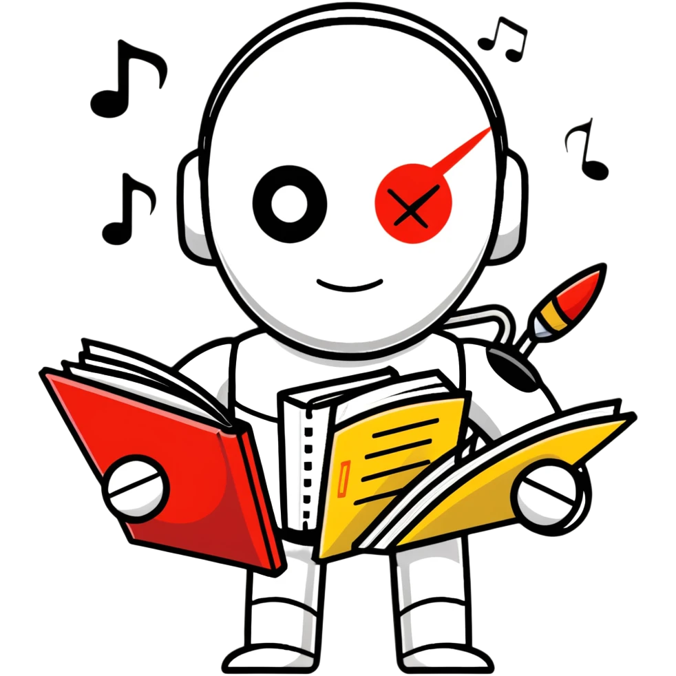 A shiny metal robot man with a circular chest plate divided into four segments, each featuring an art symbol: paintbrush, musical note, drama masks, and book emoji