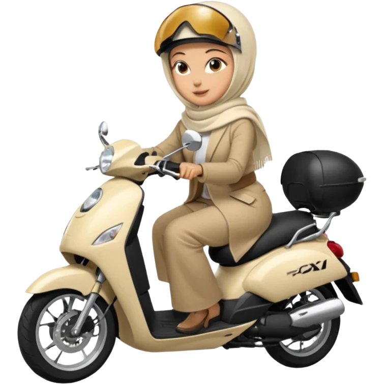 A woman wearing a cream colored pashmina hijab riding a motorbike pcx emoji