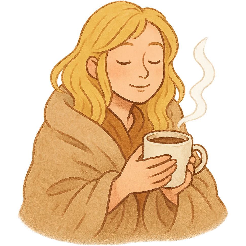 blonde girl snuggled in a blanket, steaming coffee cup in hand, eyes closed, serene mood emoji