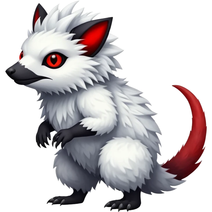 a white exotic edgy vernid-fionbr-Fakémon-creature, with black belly and red eyes, full body emoji