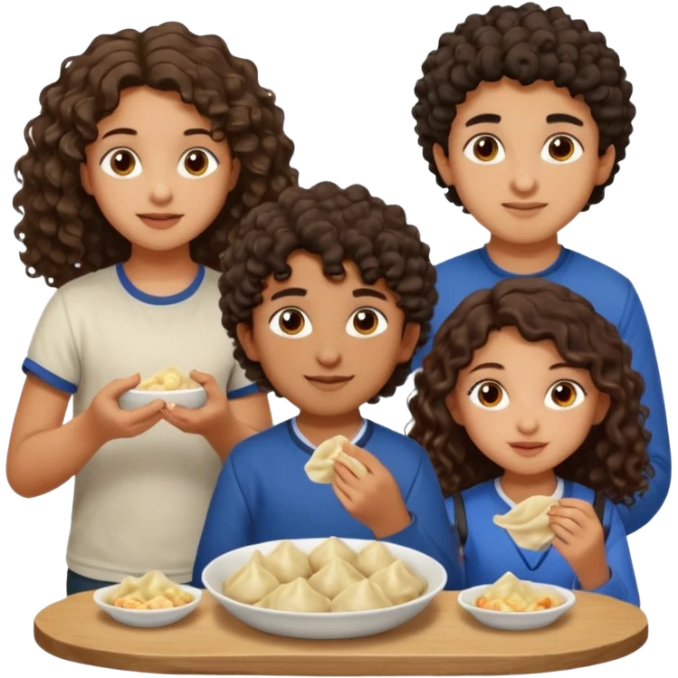 Can you create an emoji of three 23 year olds eating dumplings. One boy with wavy curly hair and one Jewish girl with long dark brown curly hair and one half Indian / half white girl with mid length straight dark brown hair. All brown eyes emoji