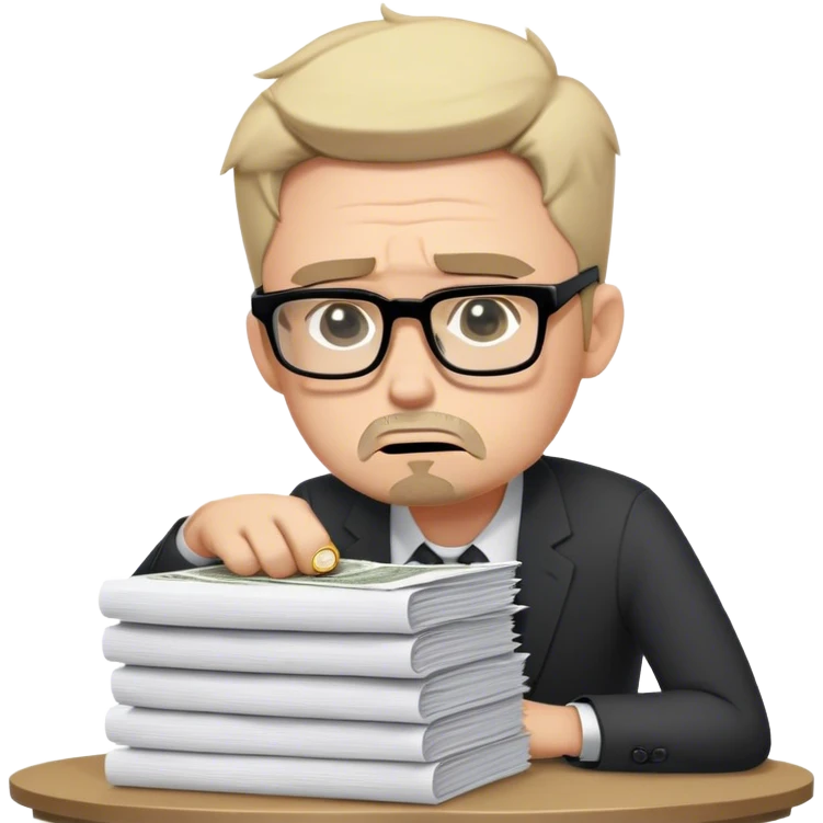 Create an emoji-style character of a sad business owner with black rectangular glasses and a light stubble (afternoon shadow beard, not a full beard). He looks frustrated and disappointed as he hands over a massive stack of work (papers, laptop, or files) in exchange for a tiny coin. His posture is slouched, and his facial expression conveys exhaustion and regret. The style should be simple, expressive, and instantly recognizable as an emoji. emoji