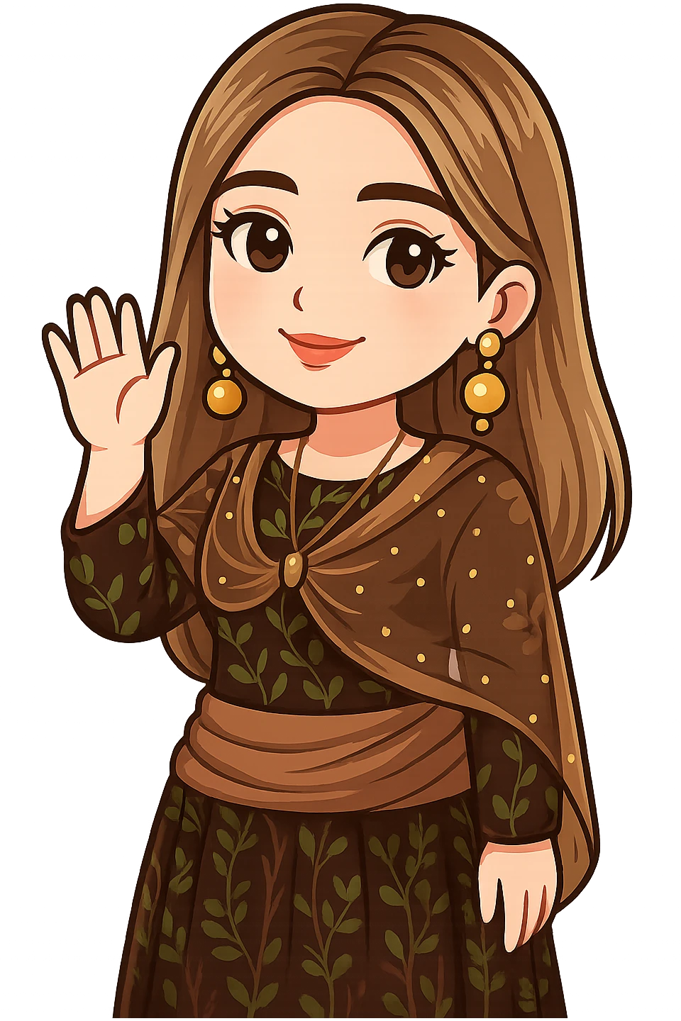 Kurdish cartoon sticker of the same woman in the new dress, waving hand for goodbye, gentle smile, no text, transparent background emoji