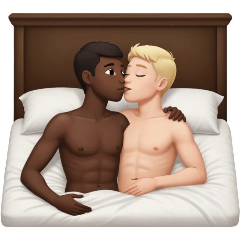 White male laying back on the bed naked kissing black male emoji