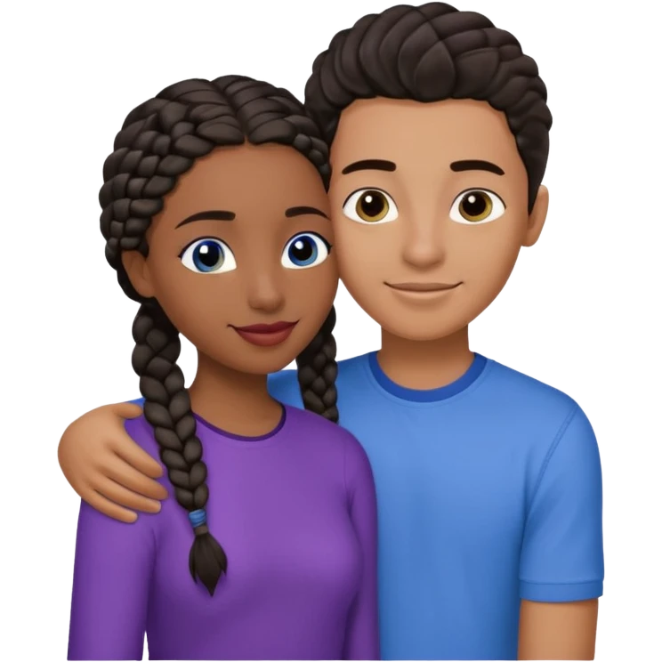 Boyfriend who is middle Easterntan olive skinned with blue eyes and wavy straight brown hair in a blue shirt and his African girlfriend who is very black skinned, juicy lipped with black braided hair and the two are hugging and smiling hugely she’s wearing purple and she has black eyes emoji