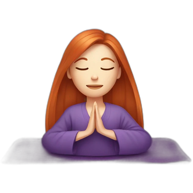 redhead white woman long medium straight hair, meditating on a violet blanket emoji