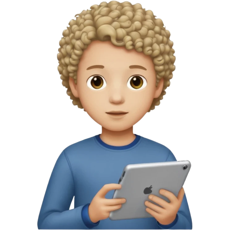 boy with short curly hair with tablet emoji