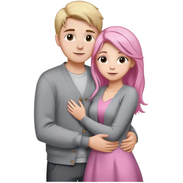 white guy brown haired in gray cardigan with blonde girl with dyed pink hair tips in shiny gray dress stand hugging in photo emoji