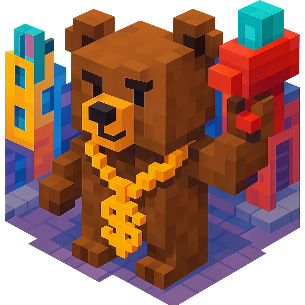 brown Russian grizzly bear with a rapper chain and a money gun, standing in a city alley emoji