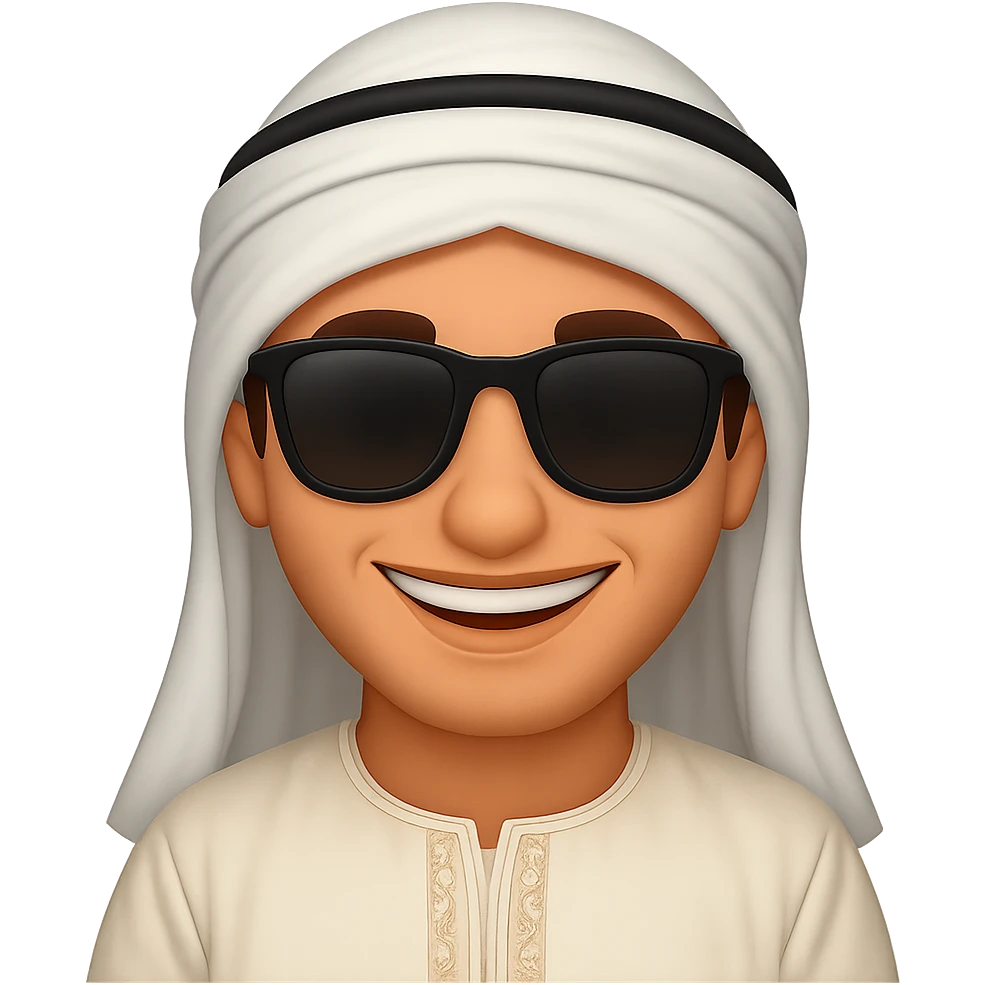 Emirati man with a big smile wearing traditional attire, add sunglasses, keeping a cheerful vibe. The image should have no background. Preserve the cheerful and traditional look clearly in the style of an edited image. emoji