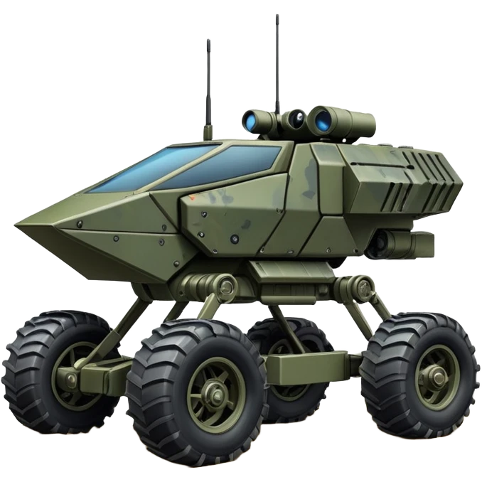 a roomy American 4-wheel armored personnel stealth camouflage army massive mech trail vehicle shooting forward side-hill leaning actively articulating independent suspended pod gimbal enemy mech off-road racing rover with large fast engine RC basher megatron  emoji