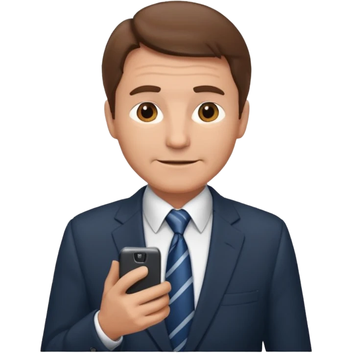 Un hombre  mayor con leve sonrisa de traje con tez clara pelo color castaño, vestido con traje camisa y corbata y celular en mano .  emoji