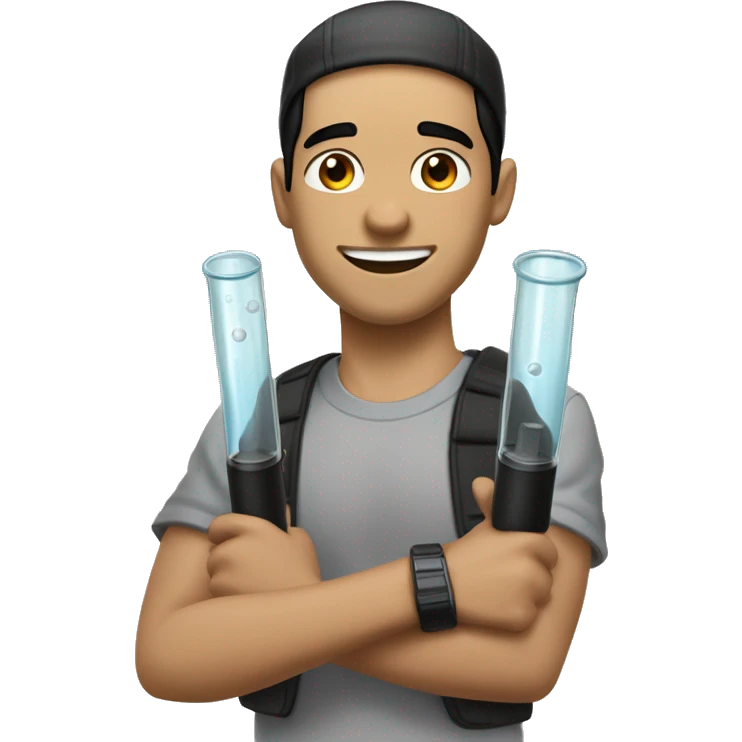 "Light-skinned Latino male with short black hair, wearing a backward cap front to back. Brown eyes, slightly thick lower lip, smiling. Holding a test tube in one hand and a video game controller in the other. Cartoon style emoji