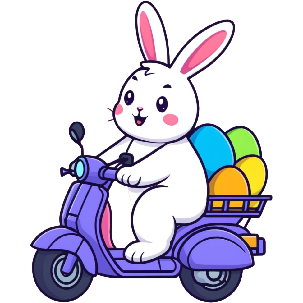 Easter bunny riding a BMW boxer motorcycle with trees and grass in the background, colorful Easter eggs hidden in the grass, and more bunnies watching from the side of the road emoji